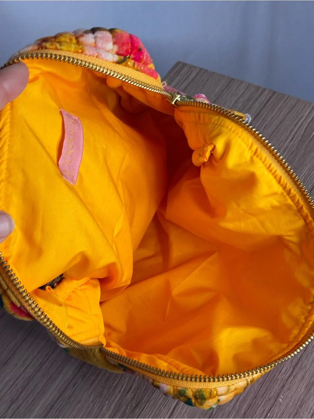 EUC Powder Floral Quilted Velvet Pouch in Mustard & Pink